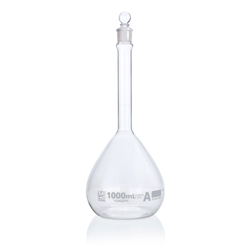 Globe Scientific Flask, Volumetric , Globe Glass, 1000mL, Class A, To Contain (TC), ASTM E288, 1/Box Image